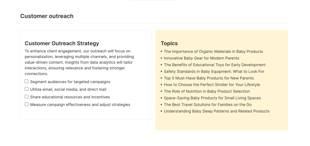 Customer outreach topics generated with AI